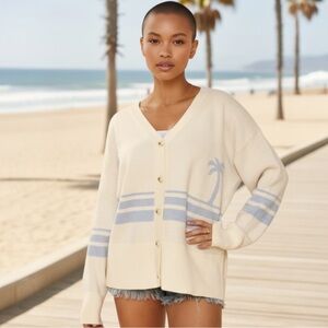 Miss Sparkling Cream and Blue‎ Palm Tree Boyfriend Cardigan Size M